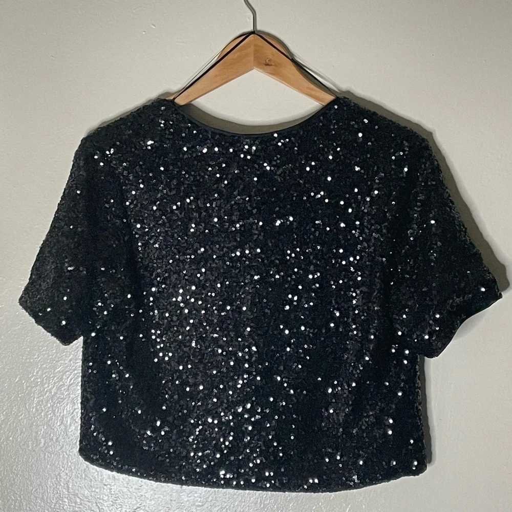 Rachel Zoe black sequins tie front crop top size M glitter Fairy